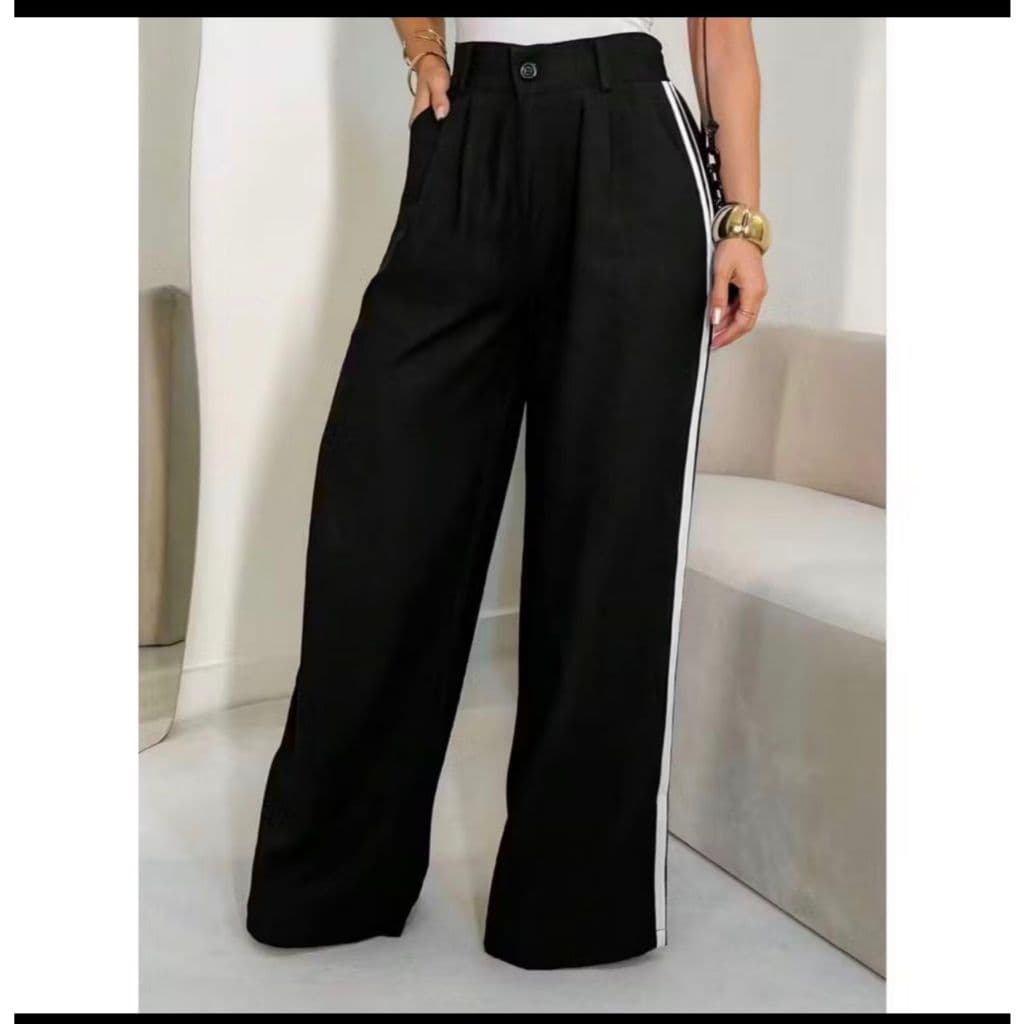 Calça Pantalona Longa Femenino,Listras Nas Laterais,Cintura Alta,Elegante Tecido Marrante
