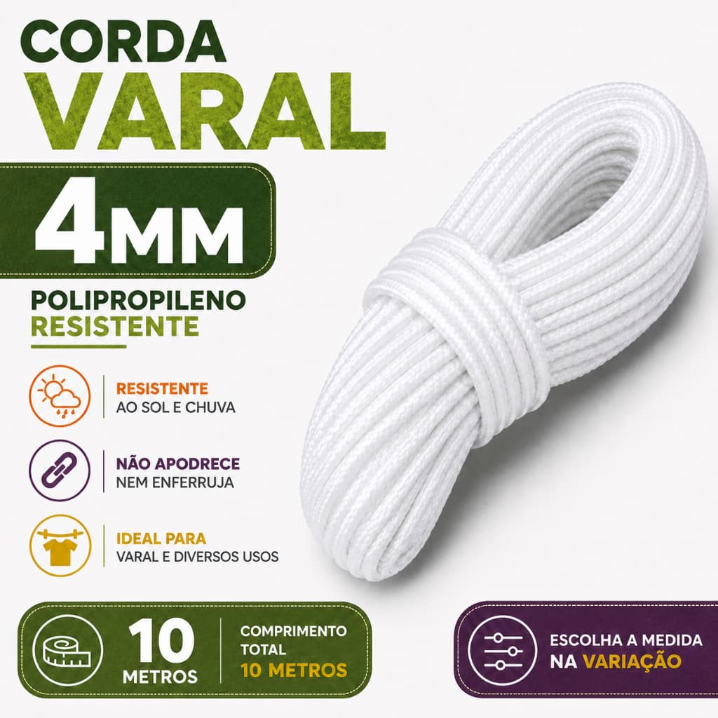Corda PP 4mm Branca Flexível para Varal Camping e Uso Doméstico 10 Metros
