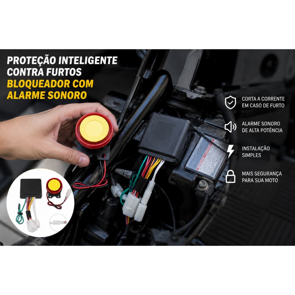 Alarme Bloqueador Moto Presença Corta Corrente + 2 Controles Liga Desliga Universal