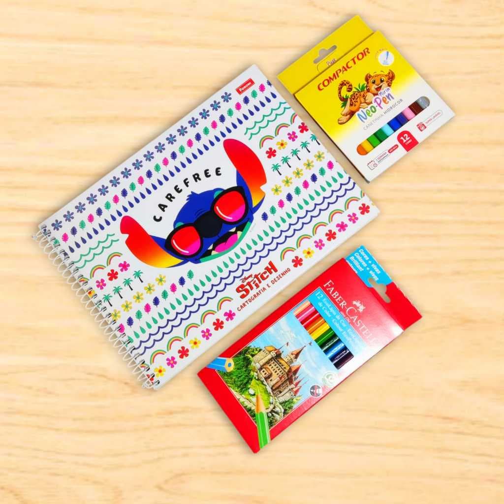KIT Material Escolar Completo - Caderno de Desenho Stitch Canetinha Compactor Lápis de Cor Faber