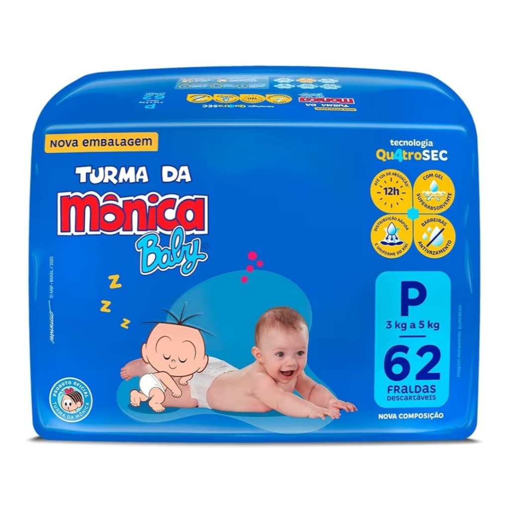 Fralda Turma da Mônica Baby Mega P 62 Unidades - Proteção Total e Conforto