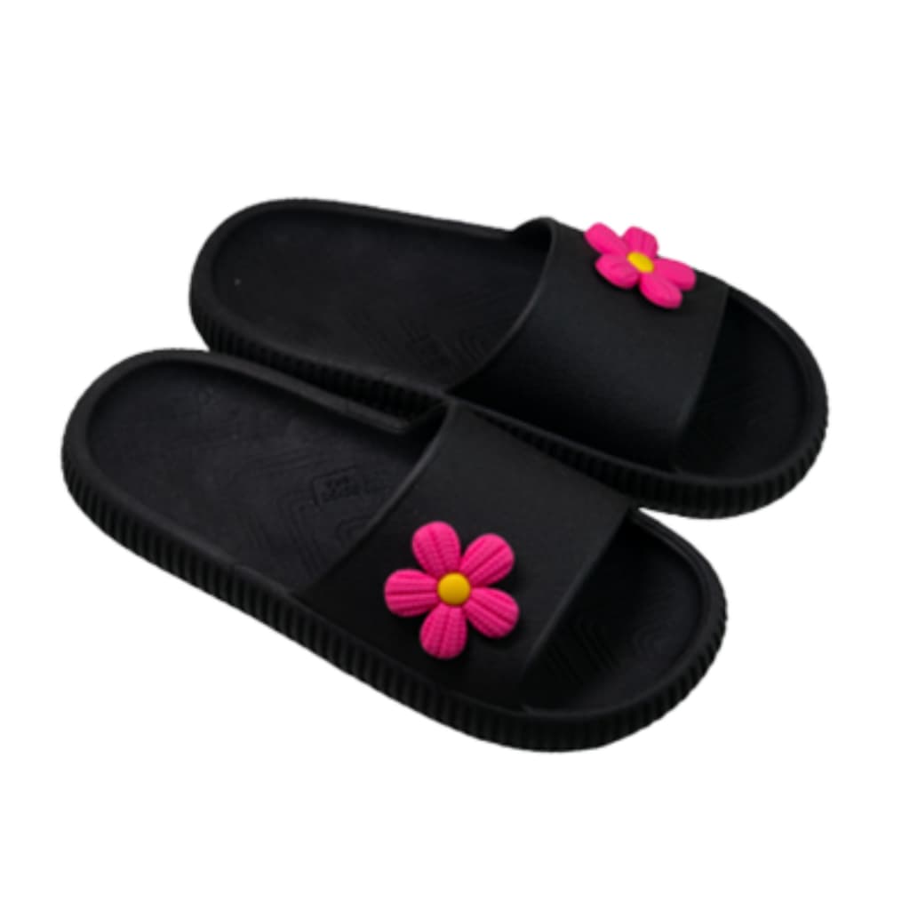Chinelo Nuvem Preto Slide Leve Confortável Feminino Flor Rosa Adulto Infantil Macio