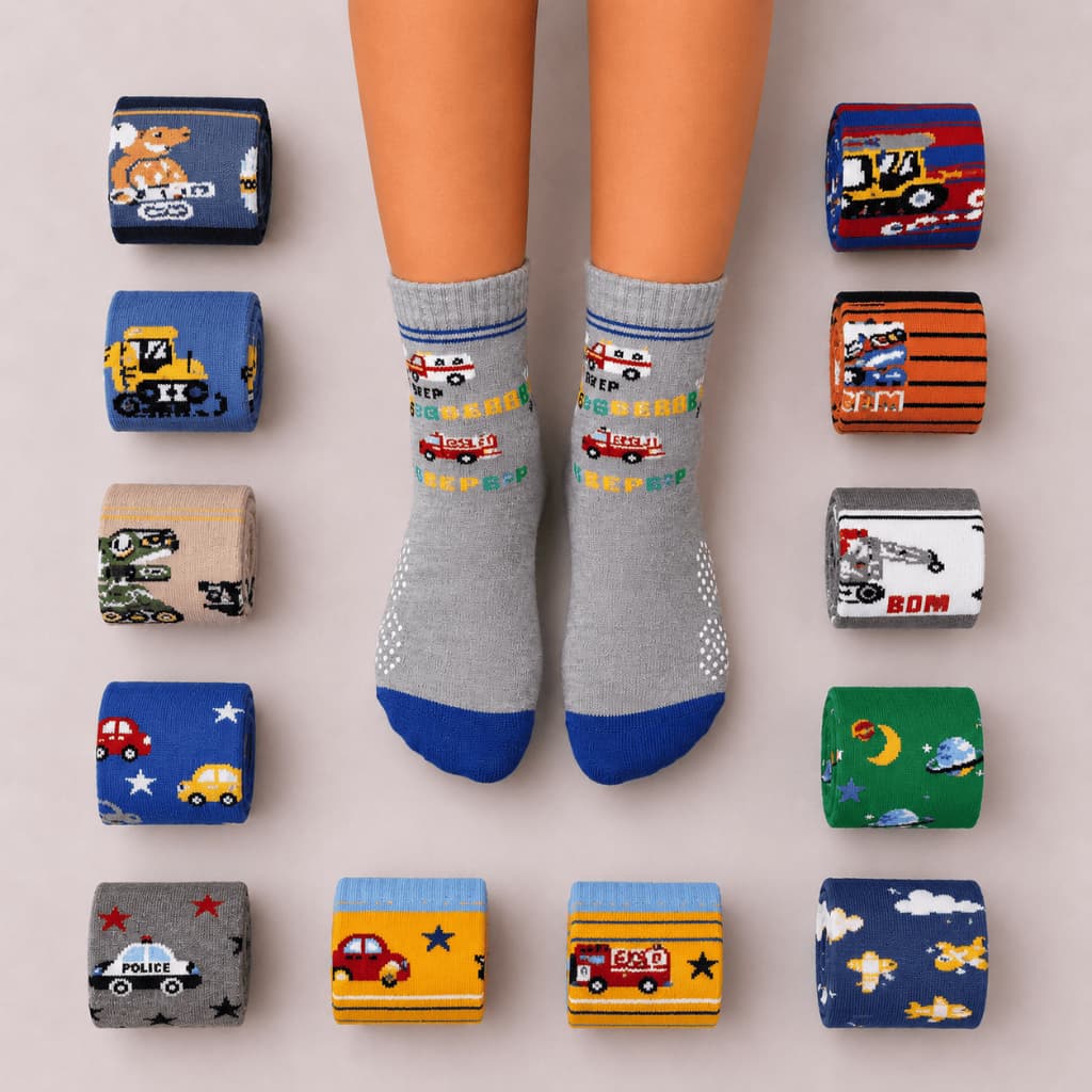 Kit 12 Pares de Meia Infantil Antiderrapante Cano Médio Estampadas Meninos 2 a 10 Anos