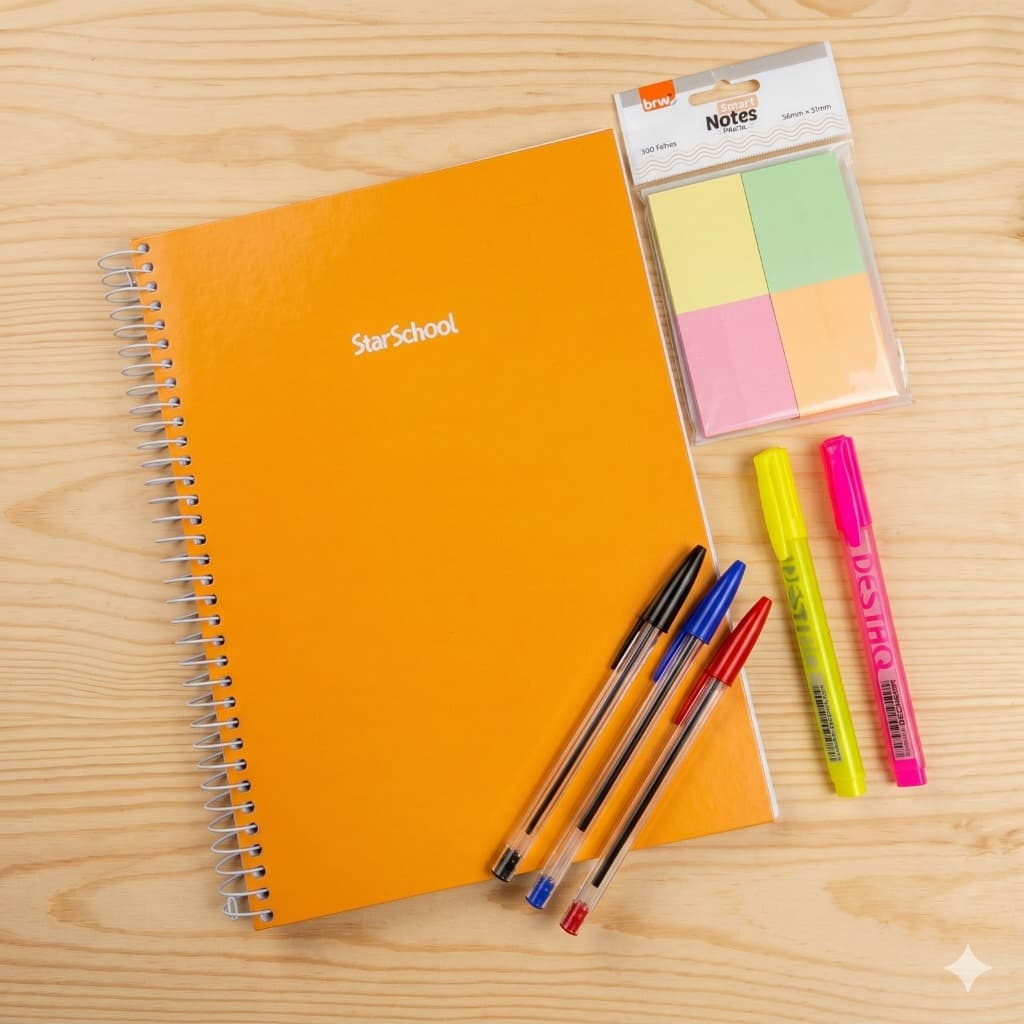 KIT Escolar Caderno de 10 Matérias Pastéis + 4 Post it 3 Canetas e 2 Marcador de Texto