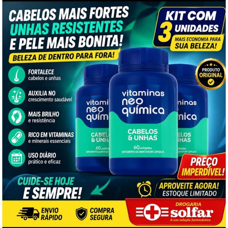 Vitamina Cabelo Pele e Unhas Neo Química Fortalecimento Crescimento e Brilho kit c/3 unidades