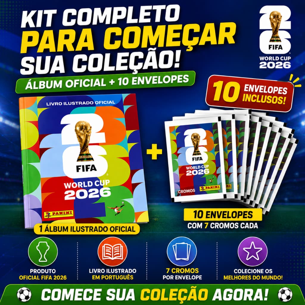Álbum Copa do Mundo FIFA 2026 + 10 Envelopes Figurinhas Livro Ilustrado Colecionável