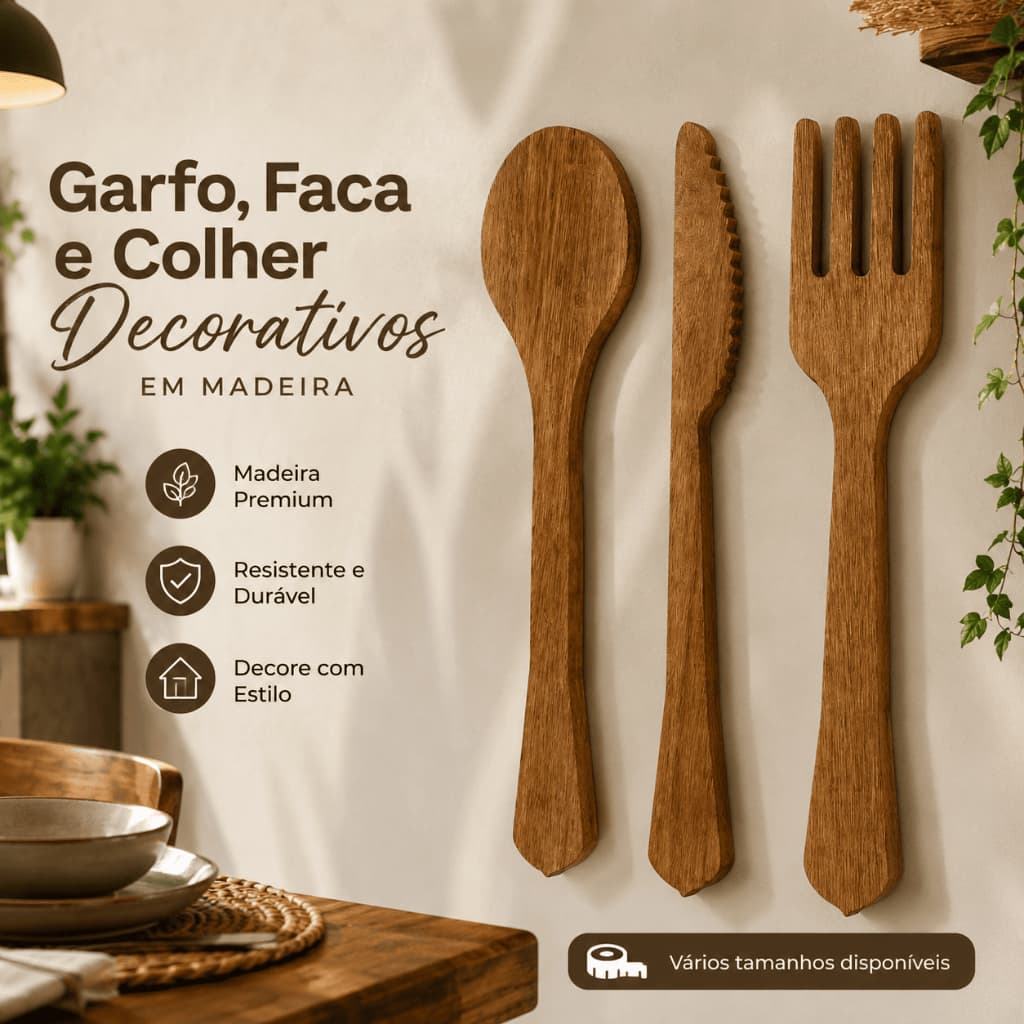 Garfo Faca Colher Decorativos Madeira Maciça Artesanal Para Parede 70~100cm