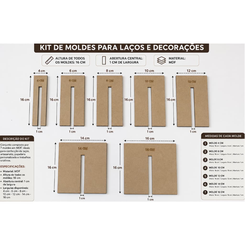 🎀 Kit Moldes Gabarito para Laços em MDF — Tamanhos 4cm ao 16cm