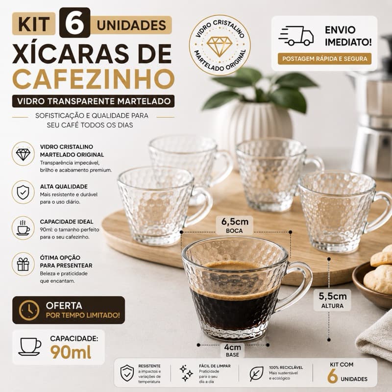 Kit Jogo 6 Xícaras Vidro Martelado 90ml Reforçado Resistente Elegante para Café Chá