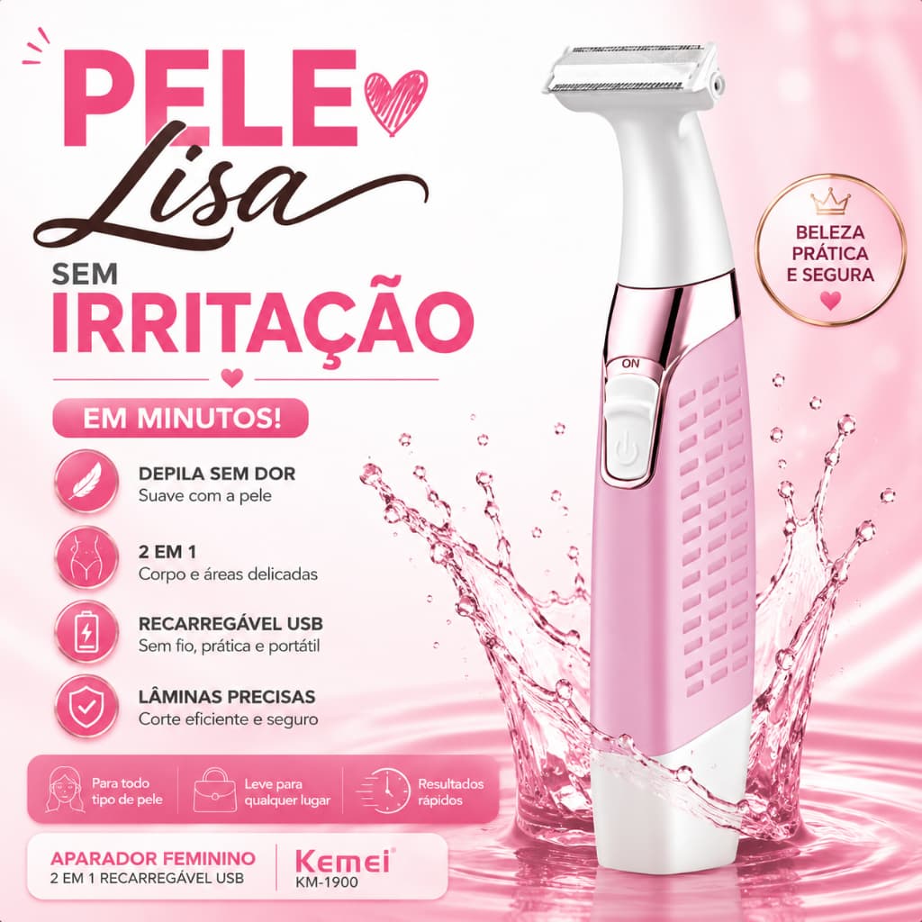 Aparador Depilador Feminino Kemei KM-1900 2 Em 1 USB Sem Fio Sobrancelha Corporal
