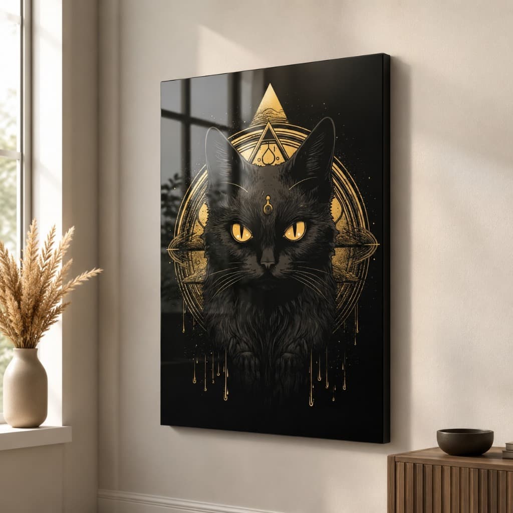 Quadro Decorativo Gato Preto Místico Dourado Olhos Amarelos Moderno MDF Sala Quarto