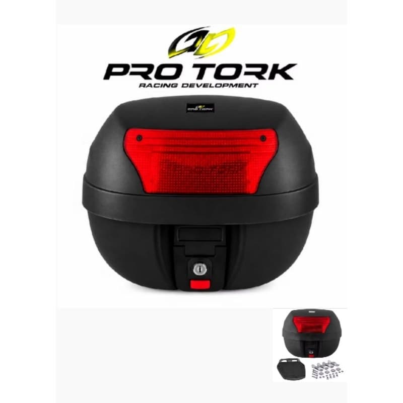 Baú Moto 28L Pro Tork Smart Box Lente Vermelha C/Base Universal Kit Fixação Qualidade Premium