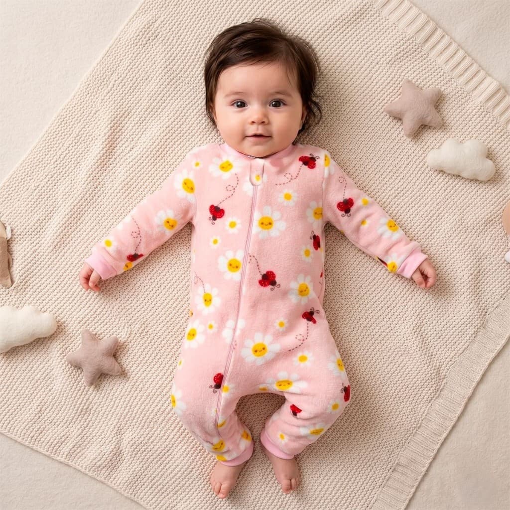 Macacão Bebê Menina Soft Fleece Estampado Lua Rosa Zíper na Frente Roupa de Frio Quente Para Inverno