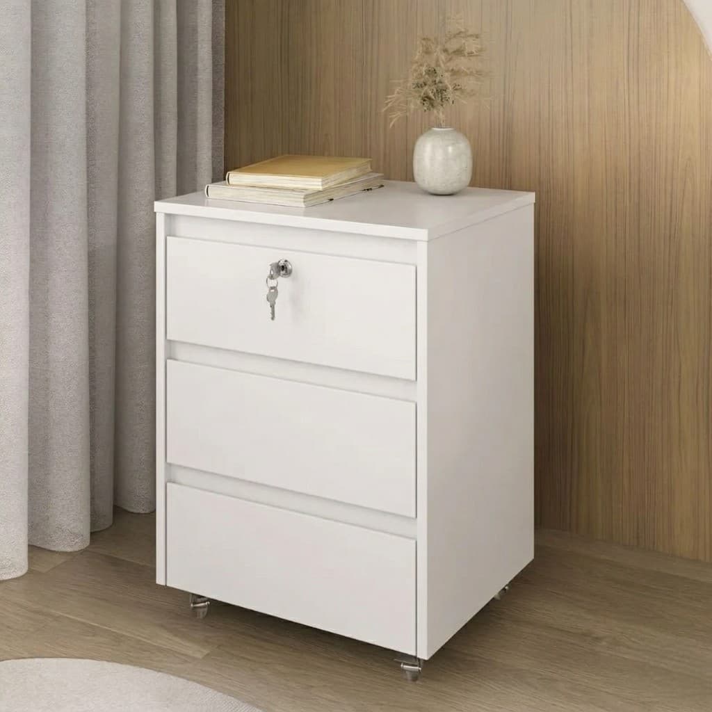 Gabinete 3 Gavetas com Rodízios e Trava – Design Moderno, Prático e Seguro - Ideal para Escritório e Casa