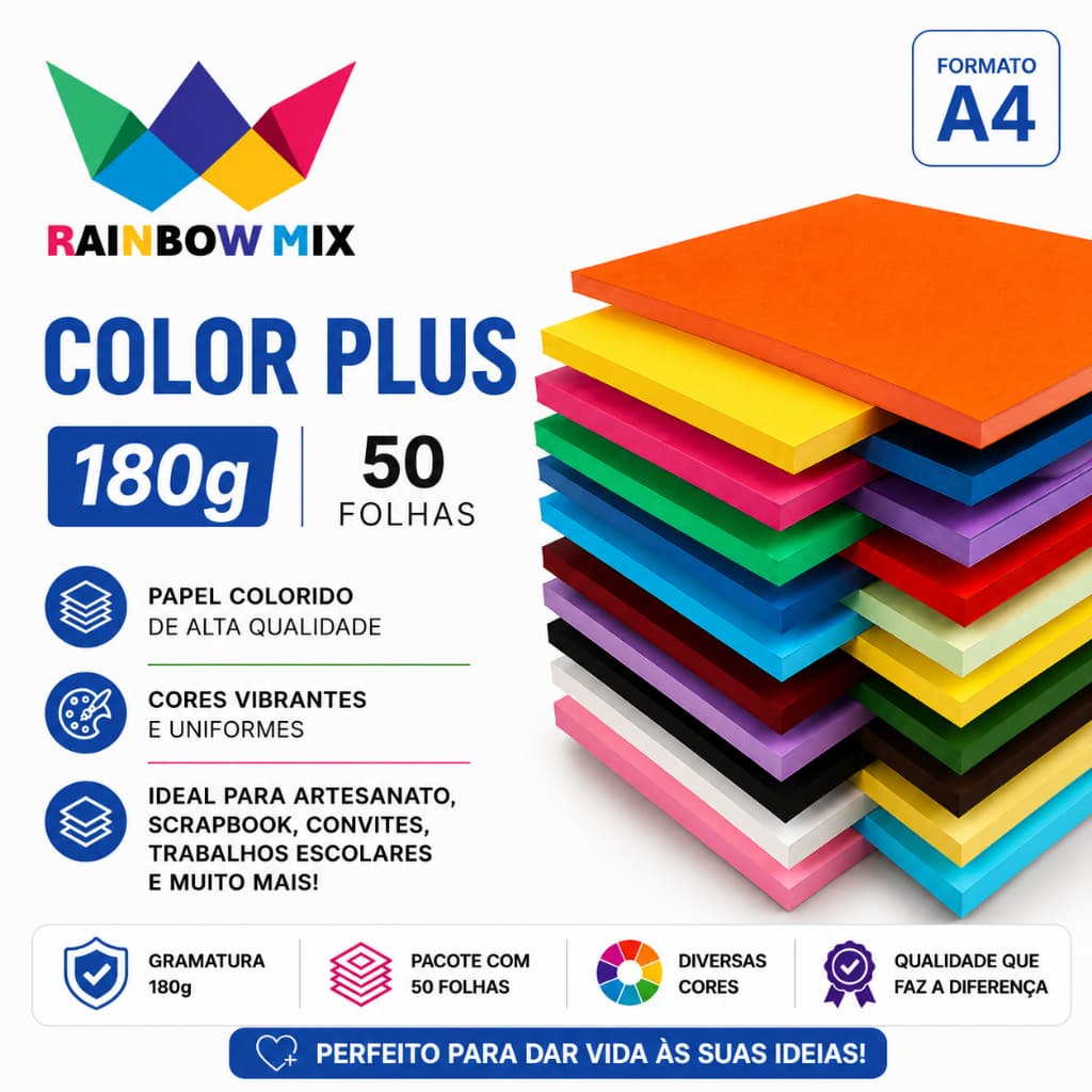Papel Color Plus 180g - A4 Massa Colorida - 50 Folhas várias cores