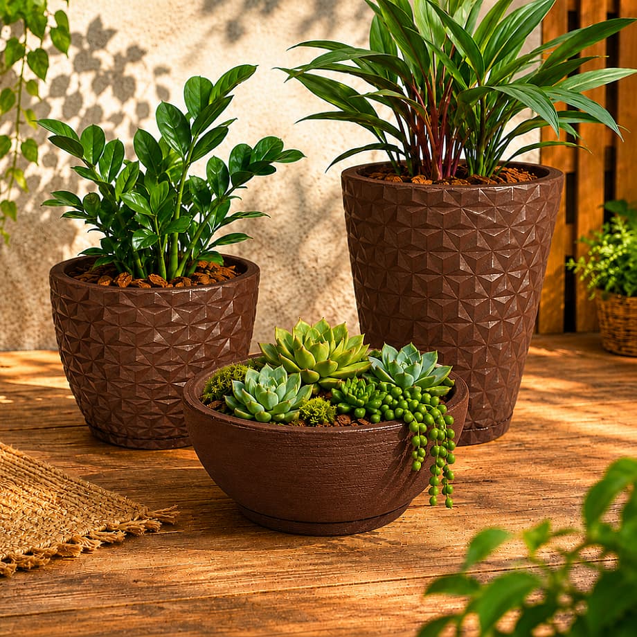 Kit 3 Vasos Para Plantas Polietileno Resistente Vaso Decorativo Com Prato Coletor