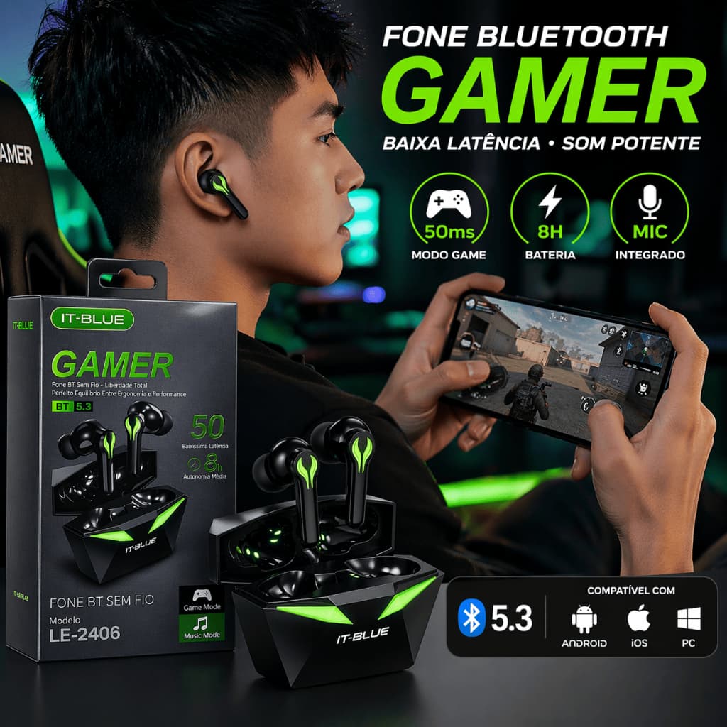 Fones de Ouvido Bluetooth Gamer IT Blue LE-2406 - Conexão Estável, Design Ergonômico, Compatível com Bluetooth 5.0