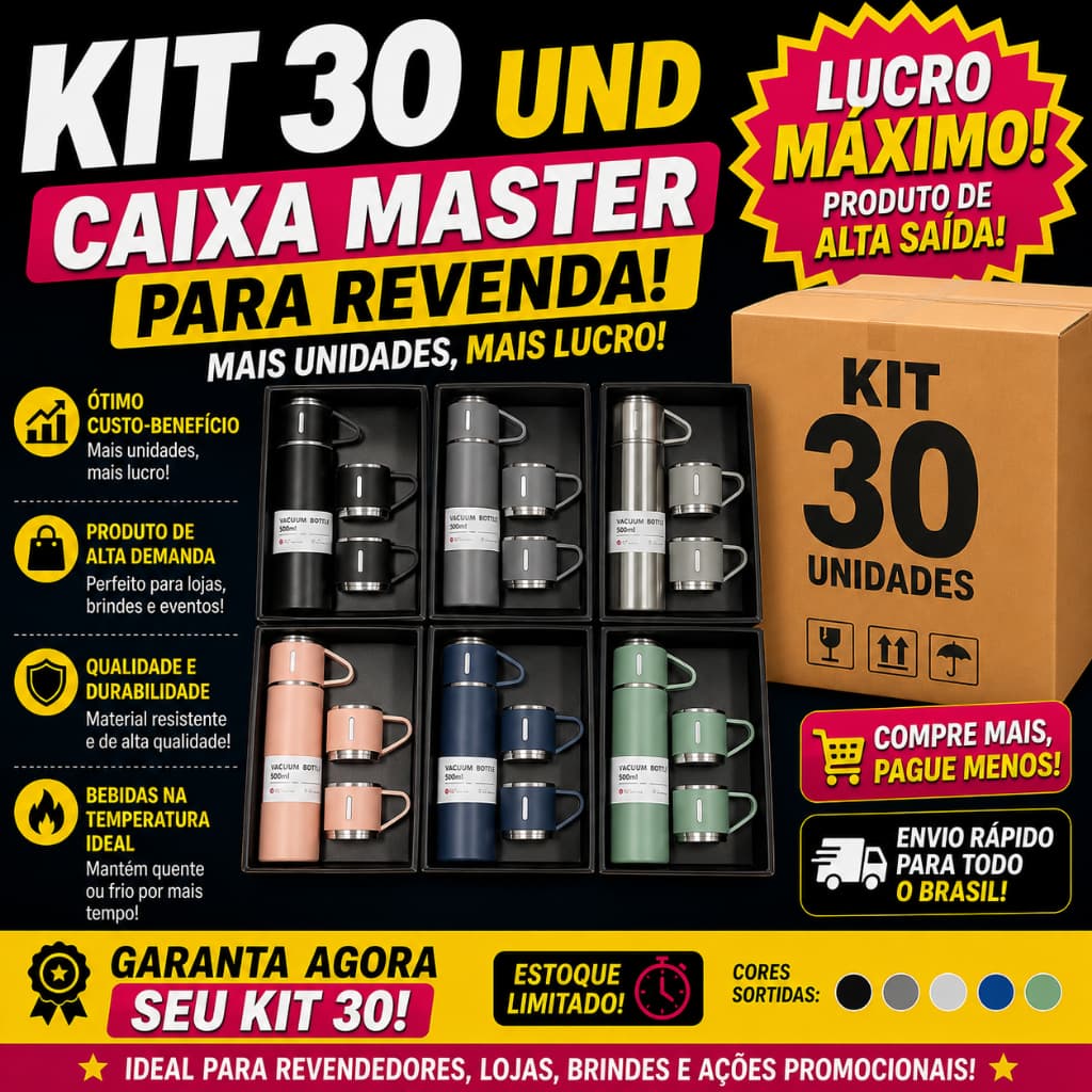 Kit 30 Conjunto Garrafa Térmica 3 Xícaras Café Atacado Caixa Revenda Trabalho Presente Ações Brindes