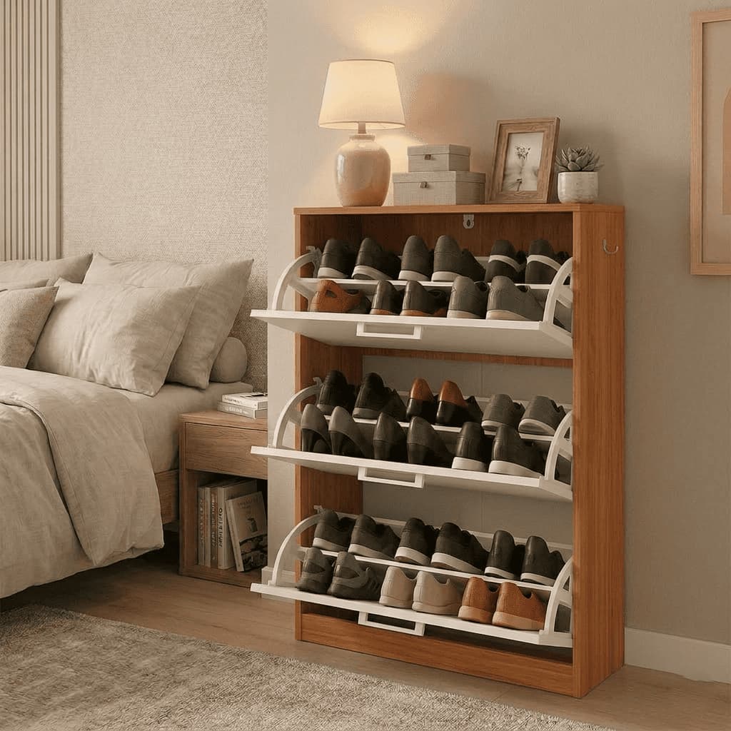 Sapateira Vertical Compacta com 3 Compartimentos Basculantes para Quarto Móveis Bonatto