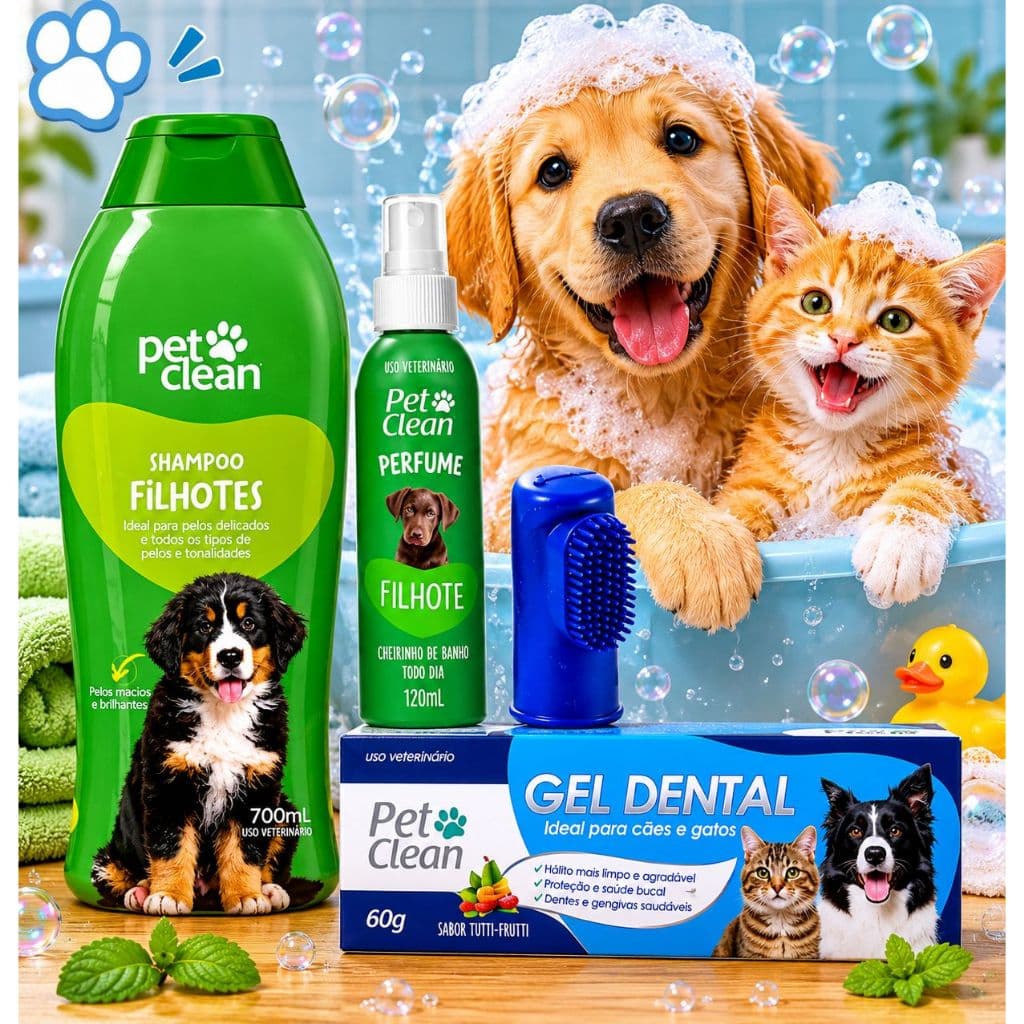 KIT HIGIENE PARA FILHOTES SHAMPOO 700ML + PERFUME 120ML + GEL DENTAL 90G + DEDEIRA PET CLEAN CACHORRO E GATO
