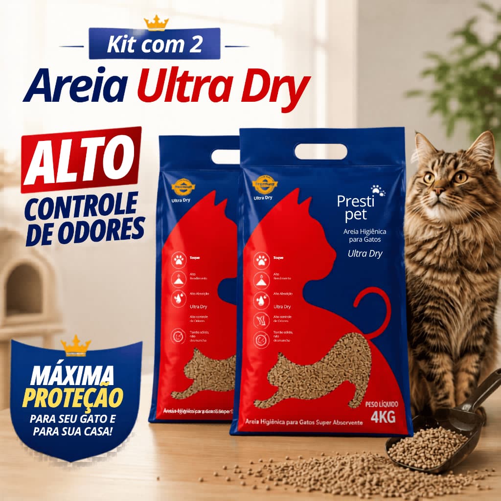 Kit 2 Areia Higiênica para Gatos Ultra Dry 4kg Presti Pet Ultra Absorvente Premium Torrões Firmes