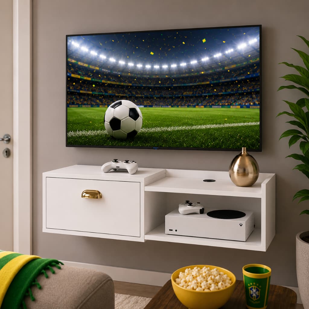 Rack flutuante canadá 0.90 ou 1.20 parede 3 metros apartamento sala pequena Copa Brasil Branco