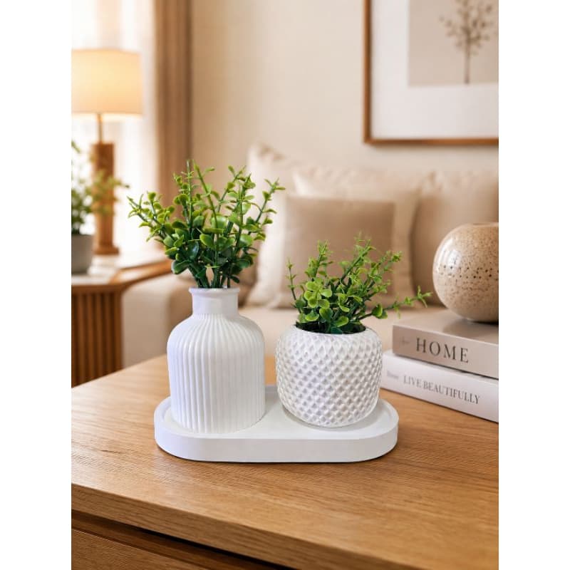Kit 2 Vasos Decorativos De Gesso Luxo Sala Quarto Cozinha Escritório com Bandeja e Flores