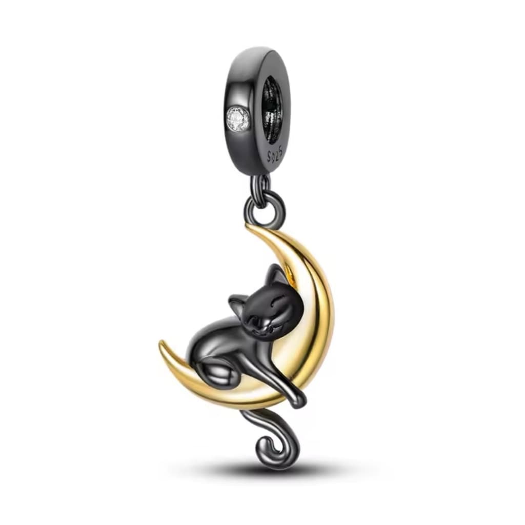 Berloque Pingente Compatível Para Pulseira Bracelete Prata Gato Preto Black Cat Lua Dourada Pet