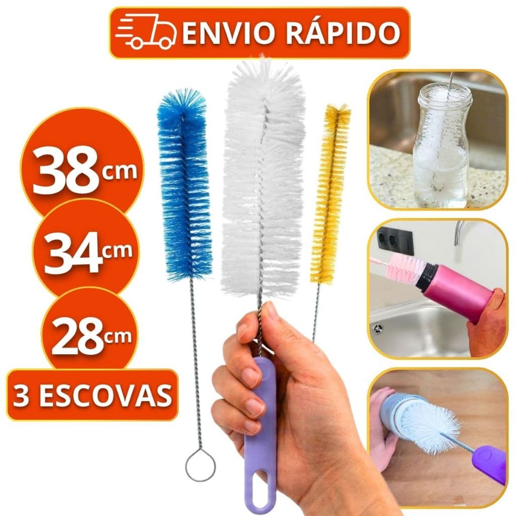 Kit Escovas Para Lavar Garrafa Mamadeira Escova Garrafa 28 + 34 + 38 Cm