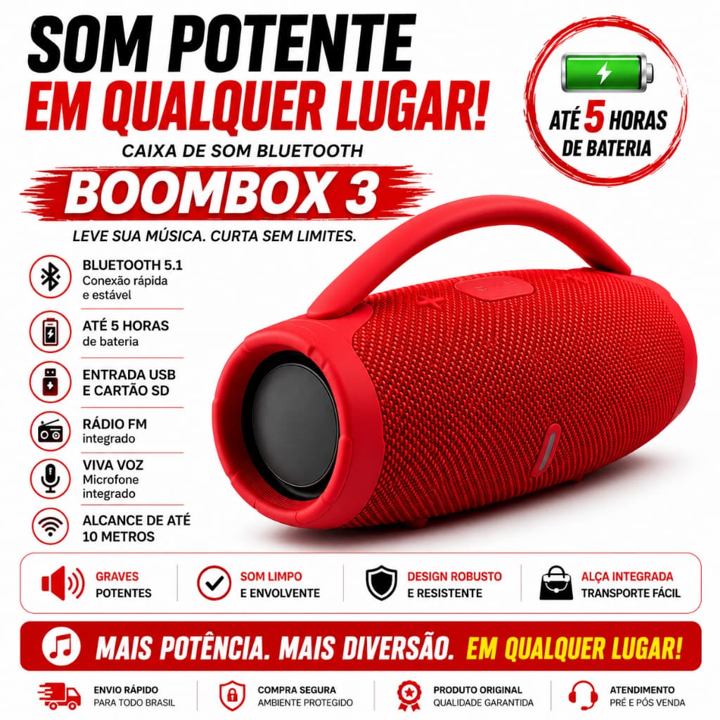 Caixa De Som Bluetooth Boombox 3 Portátil Potente USB SD FM Bluetooth 5.1 Bivolt Vermelha