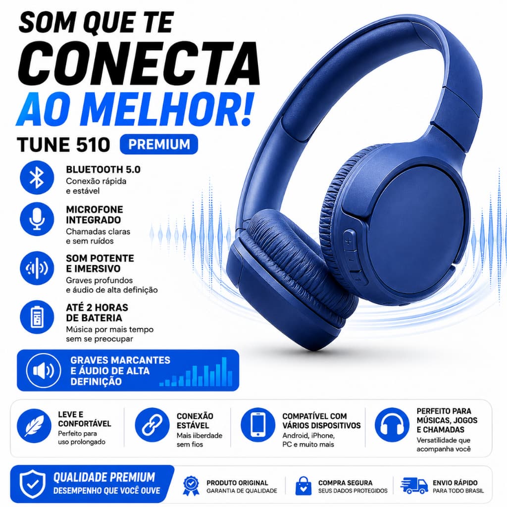 Fone Bluetooth Sem Fio Tune 510 Premium Azul Headphone Gamer Com Microfone Bluetooth 5.0