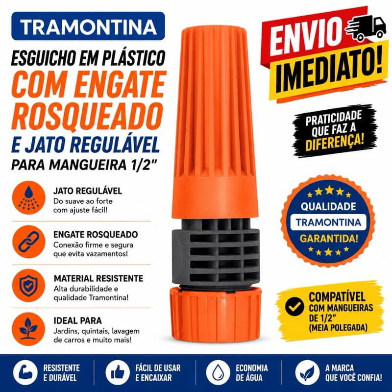 Esguicho em Plástico Tramontina com Engate Rosqueado e Jato Regulável para Mangueira 1/2"
