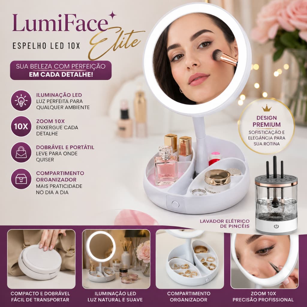 Kit Maquiagem  Espelho Camarim com Iluminação LED + Lavador de Pincéis Automático  – Lumi Face Elite