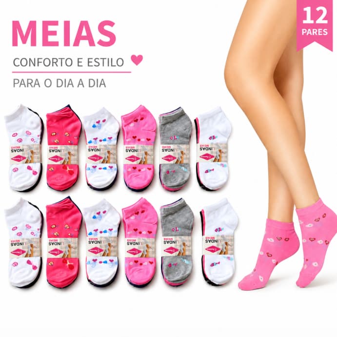 Meias Femininas Invisíveis Kit 12 Pares Estampas Delicadas
