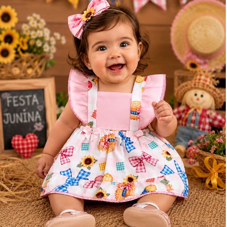 Vestido Romper Festa Junina Bebê Xadrez Colorido Luxo Meninas descoladas