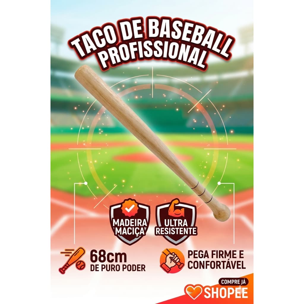 Taco Bastão De Baseball Beisebol Madeira Maciça Resistente Reforçado 68cm Profissional Defesa Casa