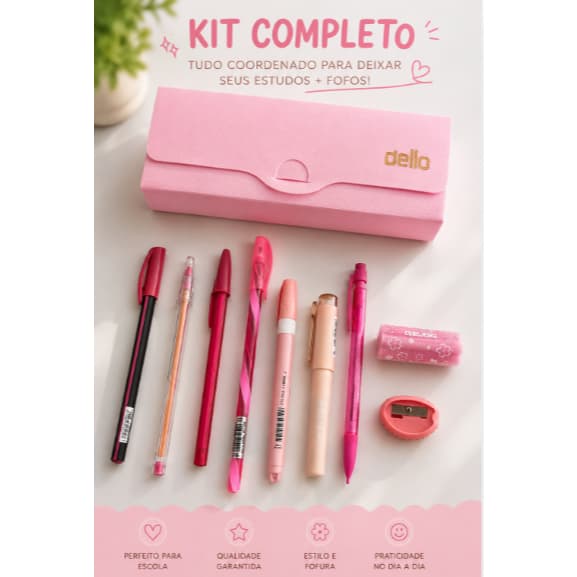 Kit Papelaria 10 itens monocromático Rosa Estojo Canetas esferográficas liner lapiseira marca texto borracha apontador
