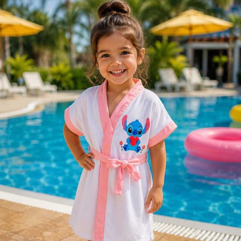 Roupao Infantil Atoalhado Poliester Otima Absorção Personagem Stitch Em 02 Cores Tamanhos 02 ao 12 Lindos