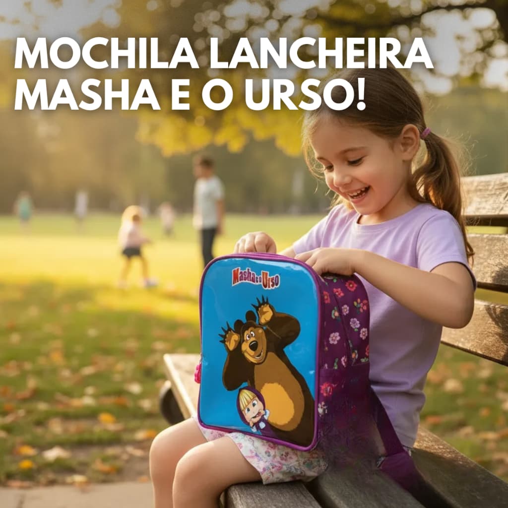 Lancheira Grande Masha E O Urso Roxa Térmica Infantil Espaçosa Grande Alça Costas