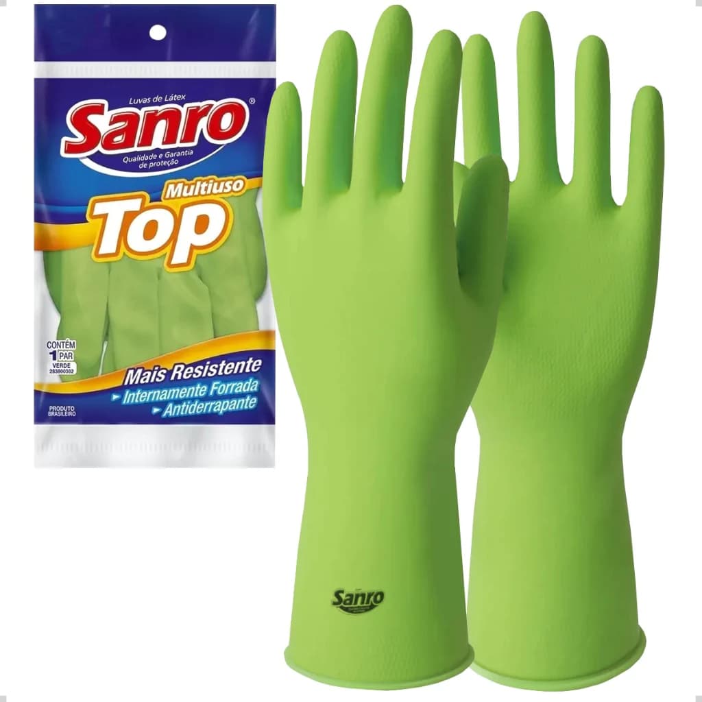 Kit 6/8/10 Pares de Luvas Latex Limpeza Multiuso Sanro Top Verde ou Amarela Tamanho