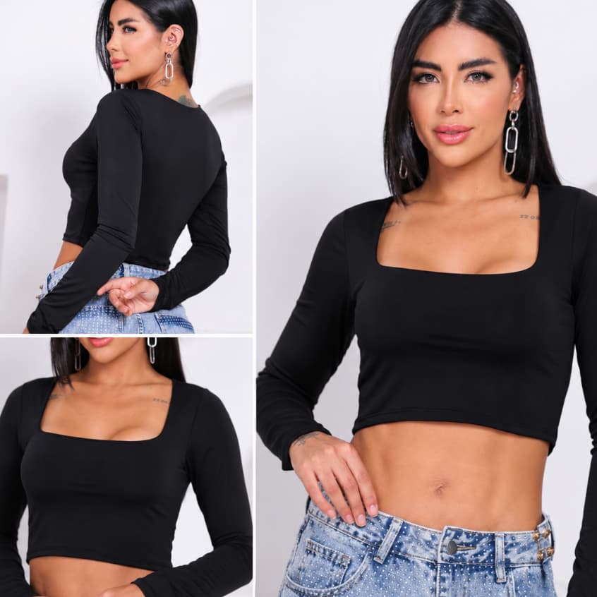 Blusa de Manga Longa Gola Quadrada Feminina Suplex Premium Gringa Outono Promoção