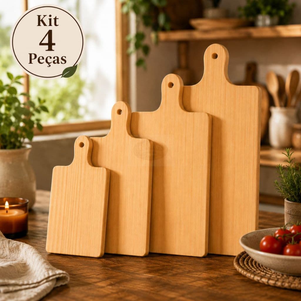 Kit 4 Tábuas de Madeira Pinus Premium para Cozinha Churrasco e Frios  Cantos Quadrados, Acabamento Liso e Alta Resistê