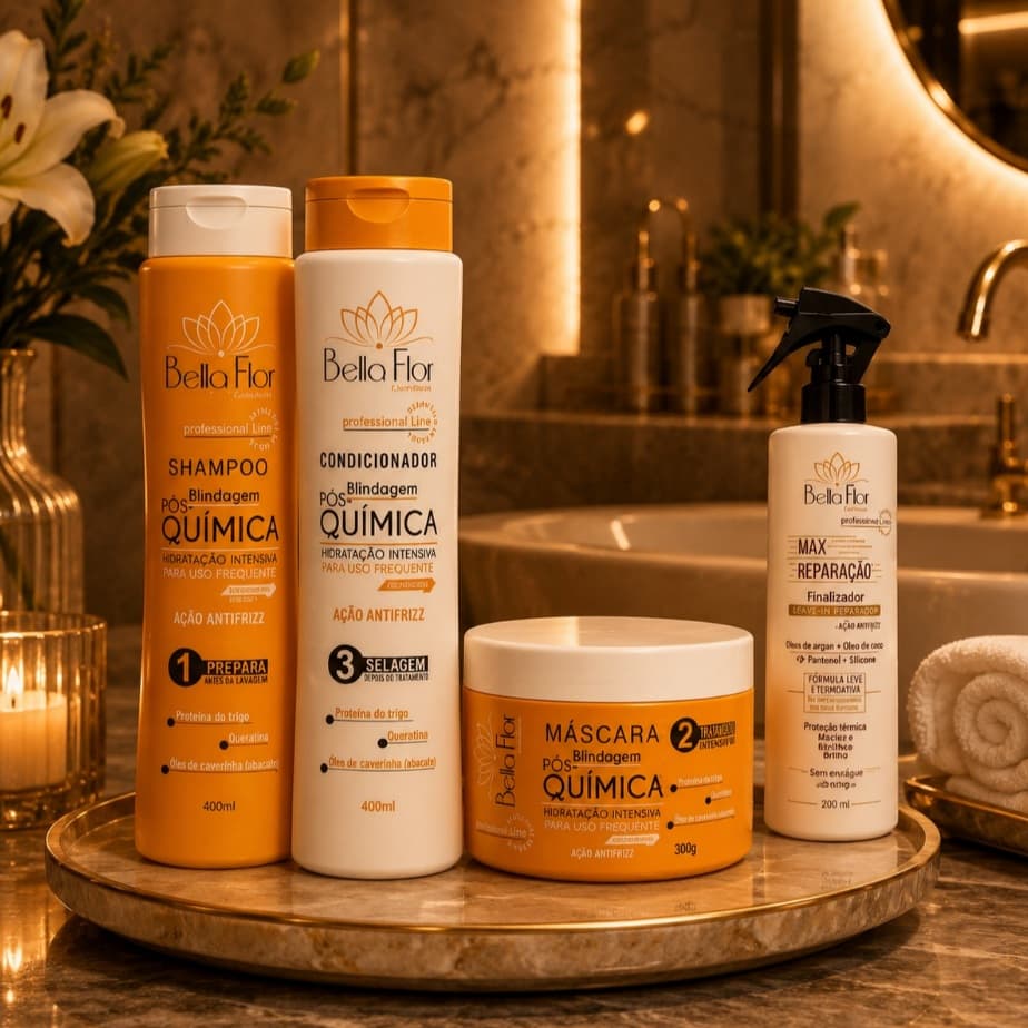 Kit Capilar Pós-Química + Max Reparação 4 Produtos Bella Flor Hidratação Reparação Profissional