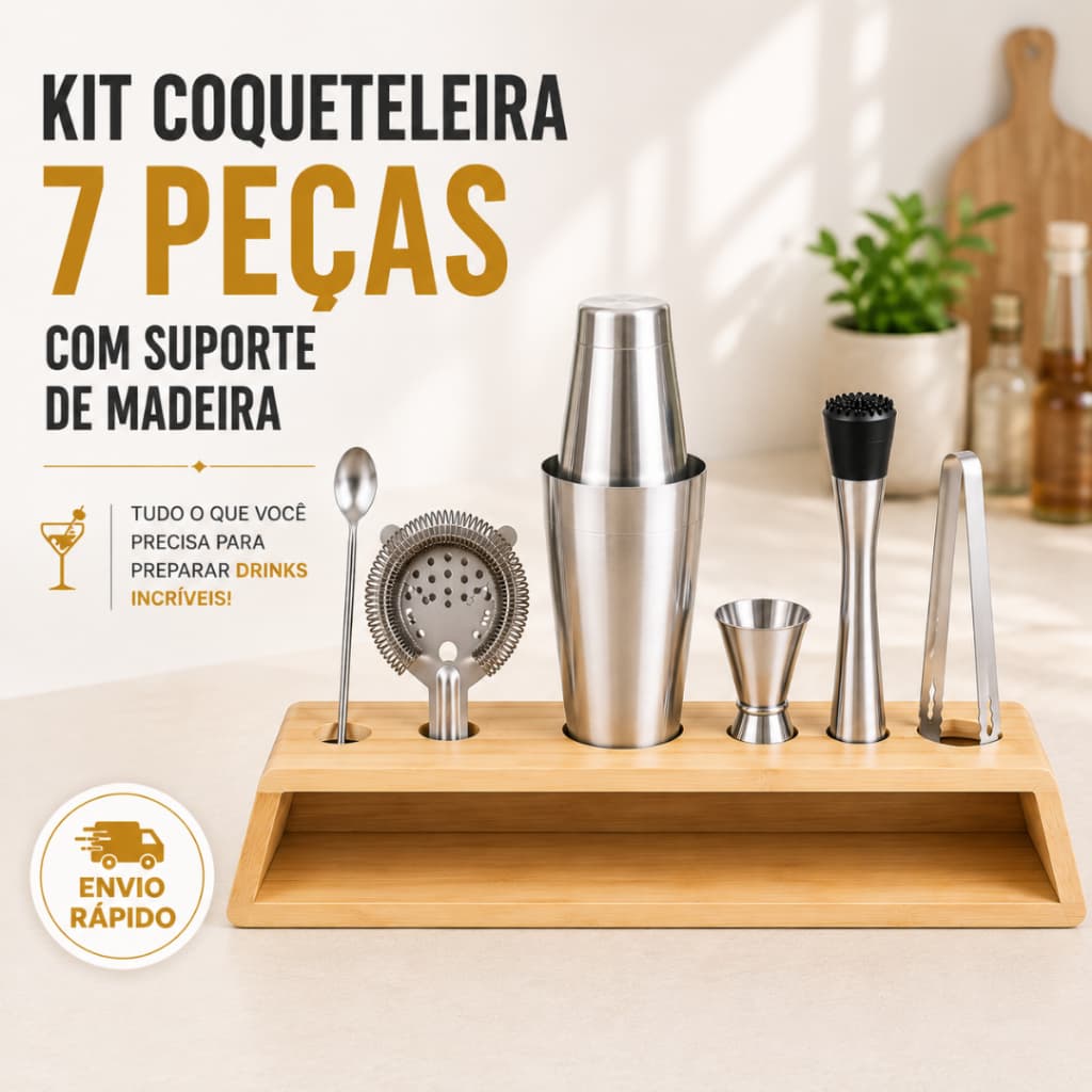 Kit Coqueteleira 820ml 7 Peças com Suporte Madeira Para Drinks Caipirinhas Bares Festas e Uso em Casa