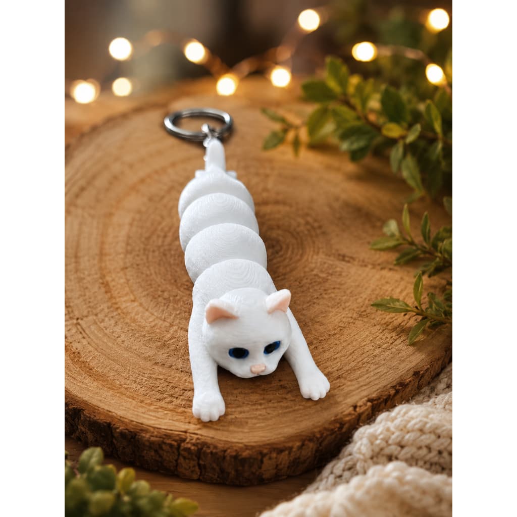 Chaveiro Gatinho Articulado Flexível 3D Fofo Branco | Para Bolsa, Mochila e Chaves