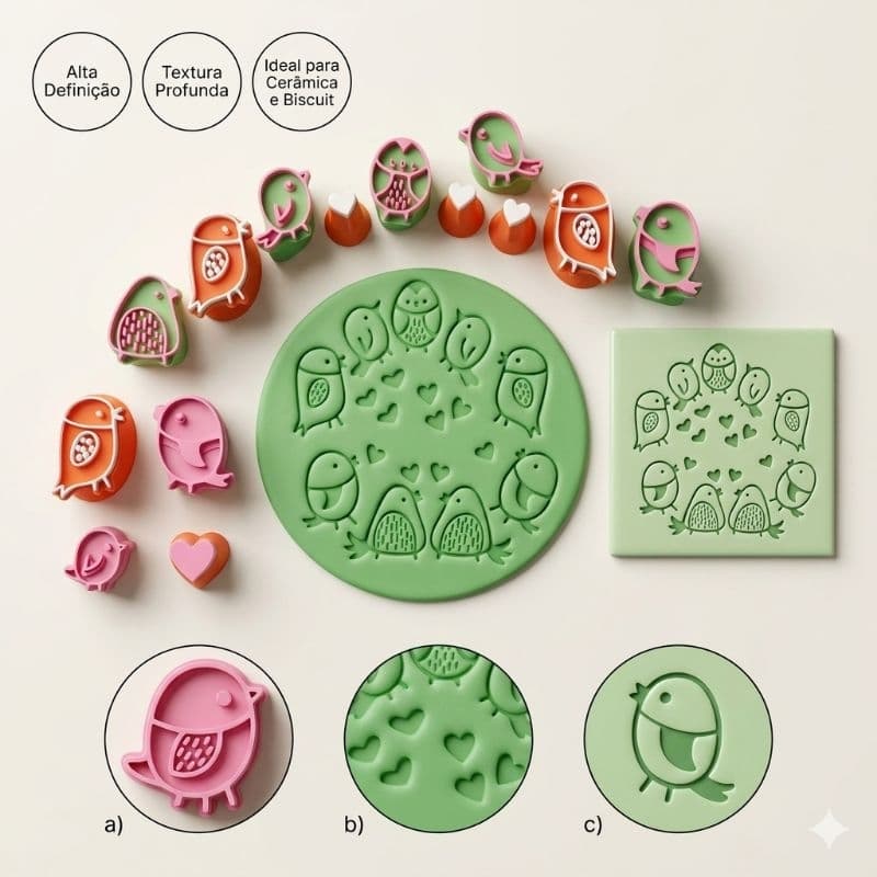 Kit Carimbos para Cerâmica Argila Biscuit Artesanato Cerâmica Fria Pássaros