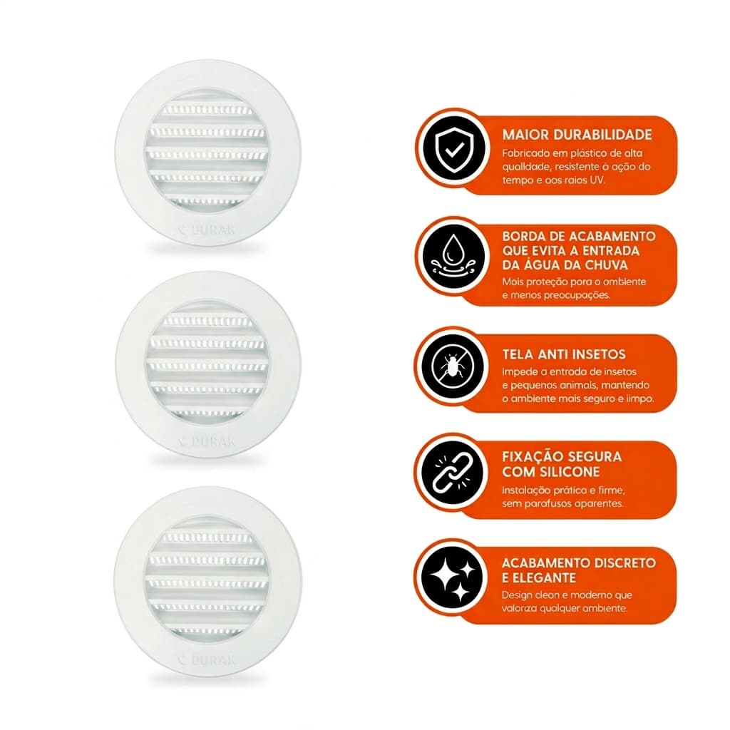 Kit 3 Grades Grelhas Ventilação Redonda 100mm Tela Anti Inseto Fácil Instalação