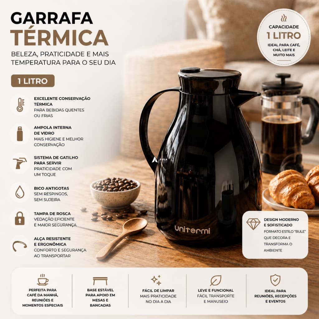 Garrafa Térmica 1 Litro Tampa Gatilho Com Alça Jarra Bule Café Chá Leite Água Chimarrão Tererê Cozinha Uniterm Paris