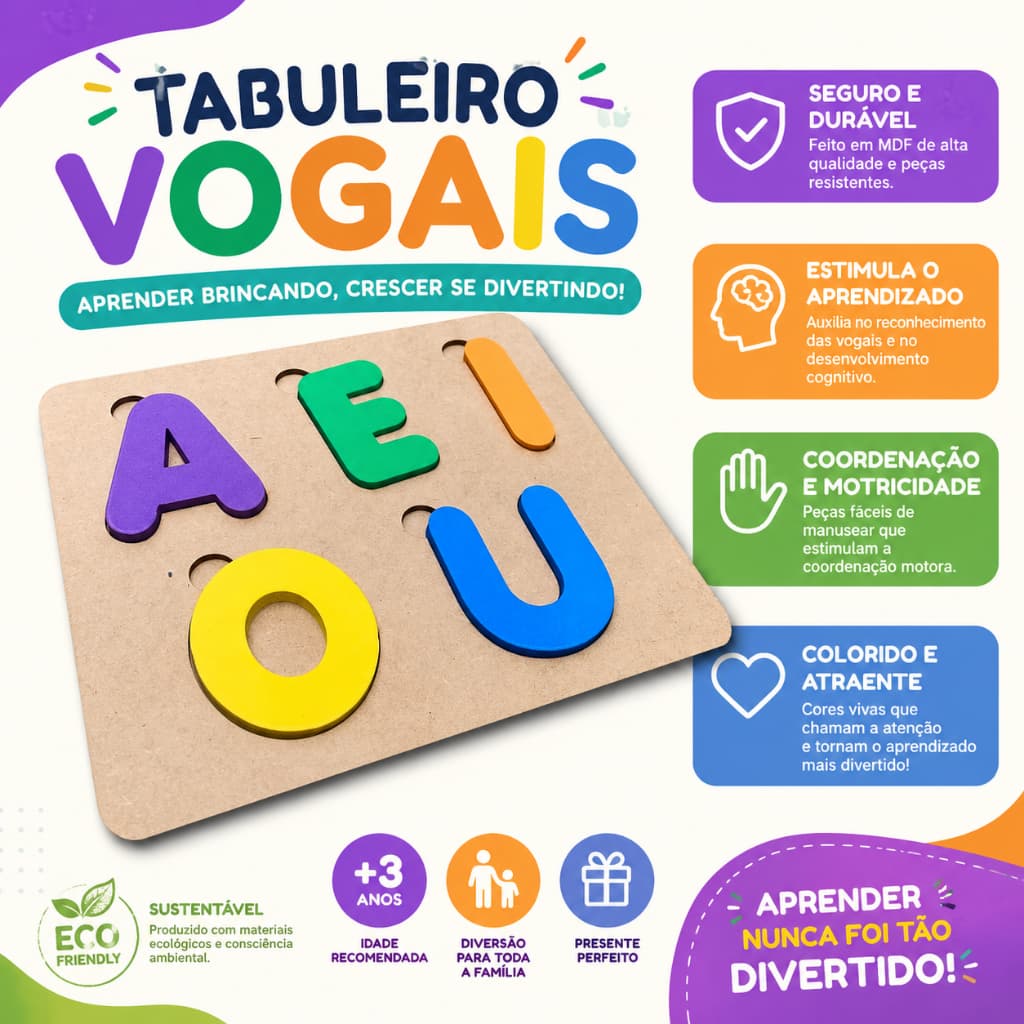 Tabuleiro Vogais Madeira Brinquedo Educativo Letras AEIOU Alfabetização Pedagógico