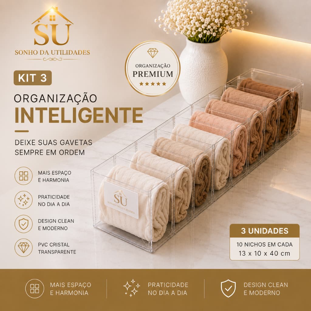 Kit 3 Colmeias Organizadoras P Premium Clean Transparente PVC Cristal Luxo 10 Nichos